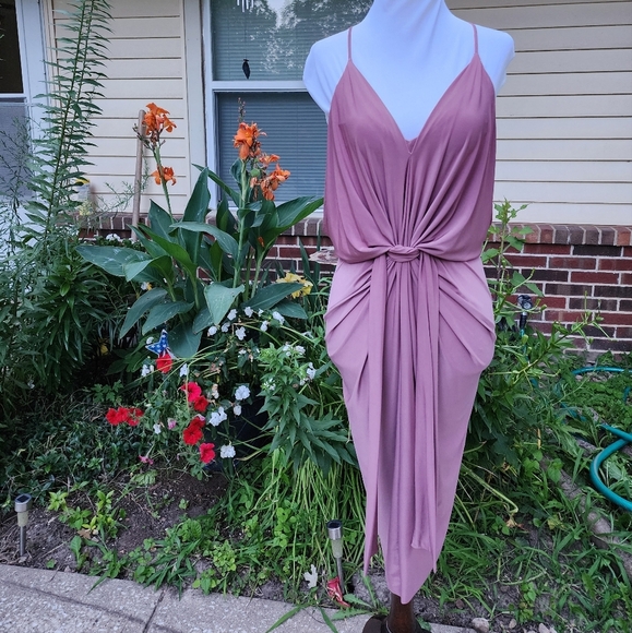 Misa Los Angeles Domino Midi Twist Knot Tie Dress Luxury Dusty Plum Pink Celeb - Picture 7 of 11